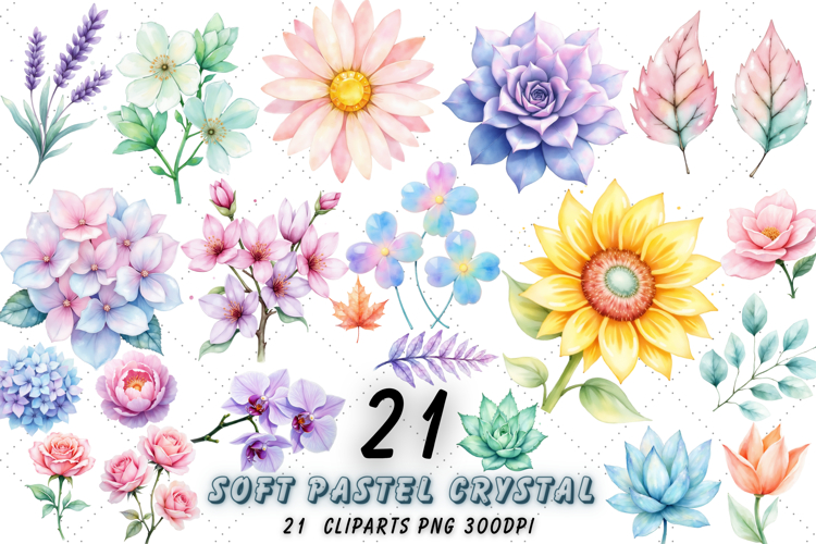 Soft Pastel Crystal Plants Watercolor Clipart, Leaves PNG