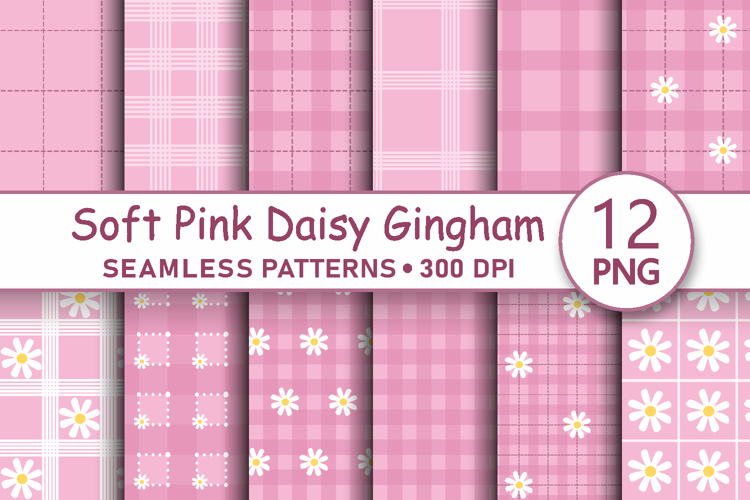Soft Pink Daisy Gingham Seamless Pattern PNG Digital Papers