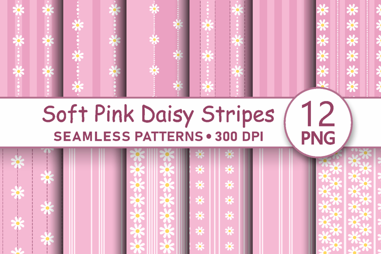 Soft pink daisy striped seamless pattern png digital paper