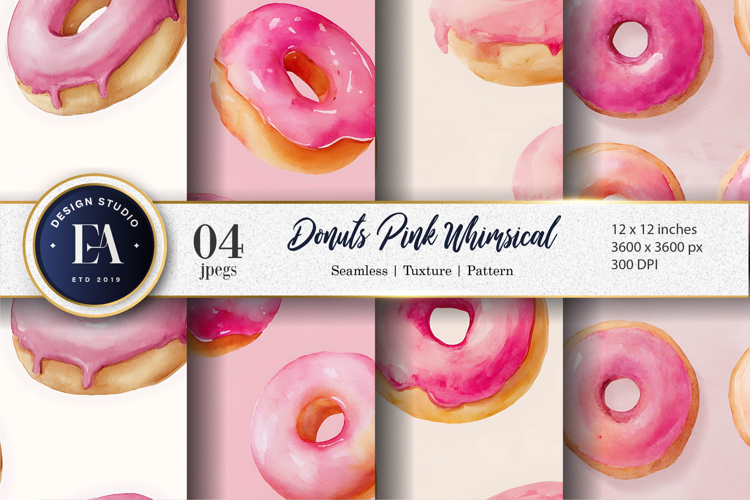 Pink Glaze Watercolor Donuts Whimsical Craft Digital Paper