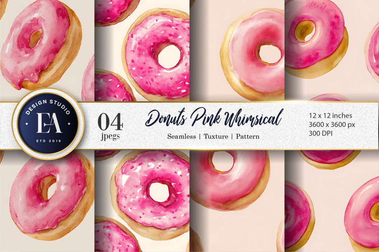 Seamless Donuts with Pink Glaze Watercolor Digital Paper