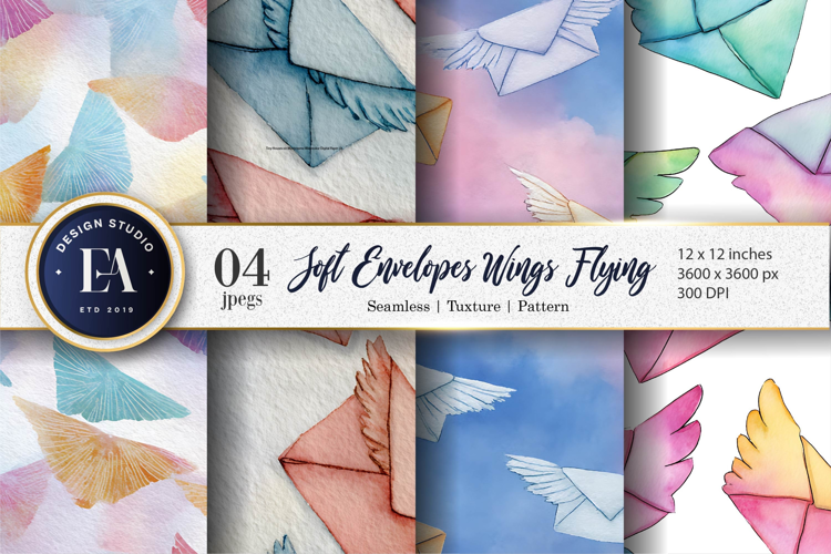 Soft Watercolor Envelopes with Wings Flying Digital Paper