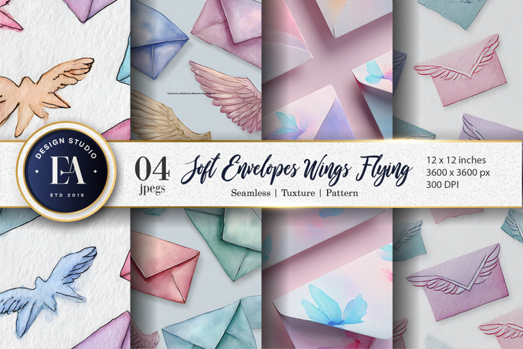 Soft Watercolor Envelopes with Wings Flying Digital Paper