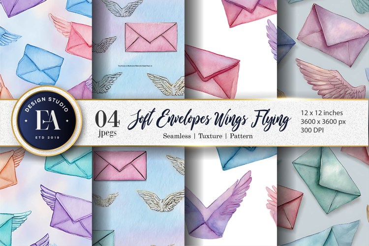 Soft Watercolor Envelopes with Wings Flying Digital Paper