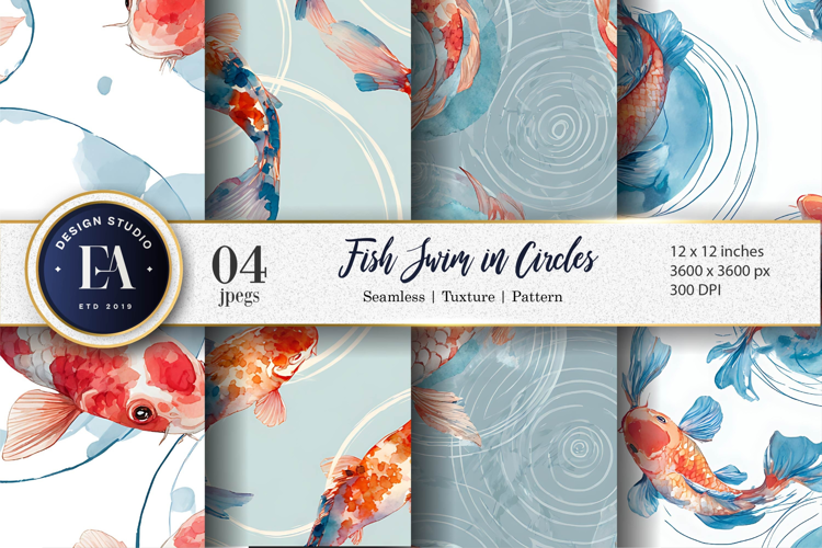 Elegant Watercolor Koi Fish Circles Seamless Digital Paper