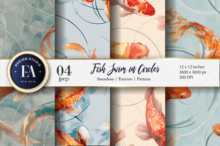 Watercolor Elegant Koi Fish Circles Seamless Digital Paper