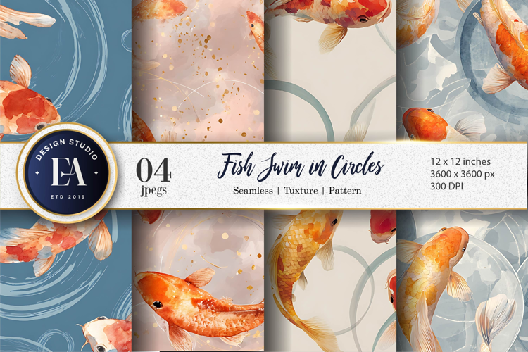 Elegant Watercolor Koi Fish Circles Seamless Digital Paper