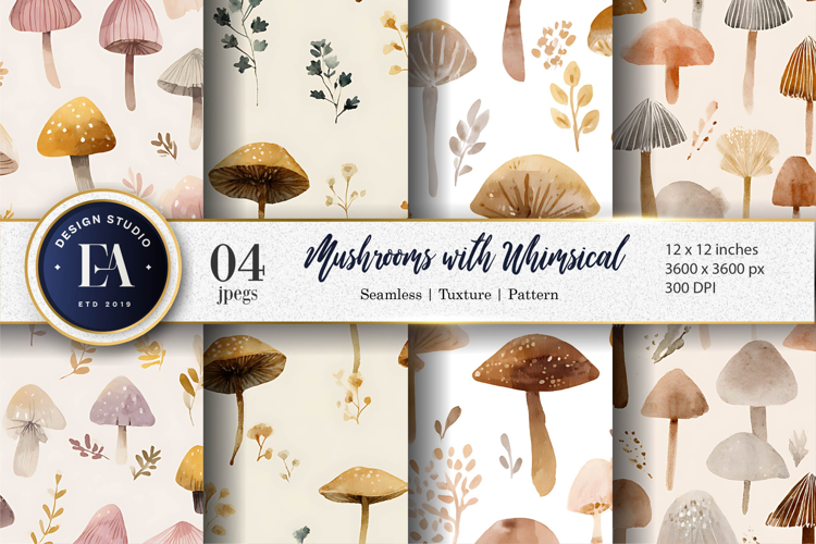 Dreamy Mushrooms Painted Watercolor Seamless Digital Paper