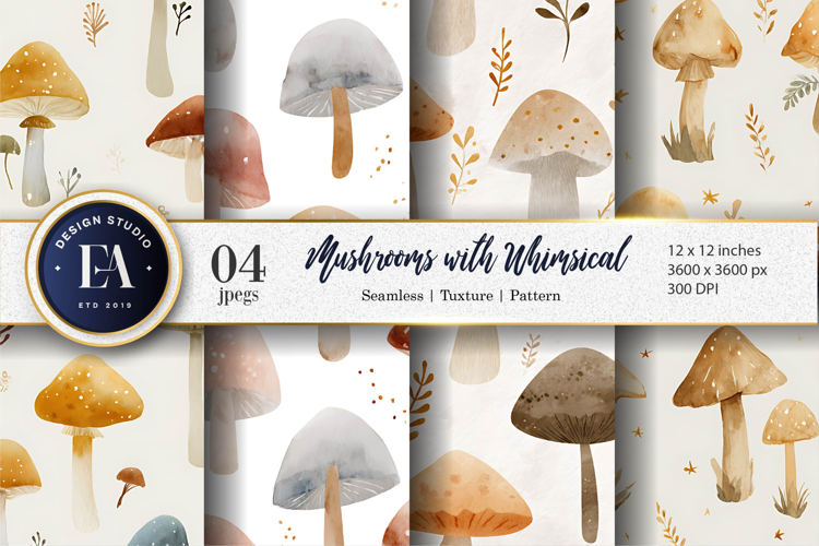 Watercolor Mushrooms with Whimsical Artwork Digital Paper