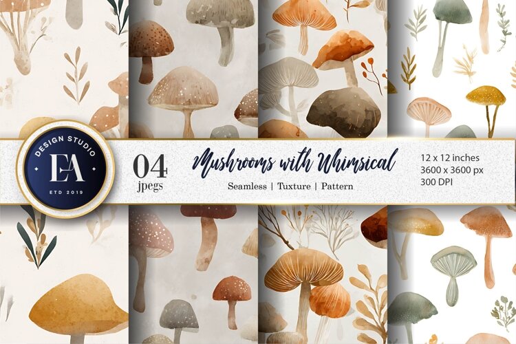 Watercolor Mushroom Seamless Digital Pattern Digital Paper example image 1