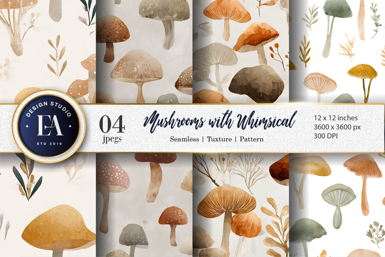 Watercolor Mushroom Seamless Digital Pattern Digital Paper
