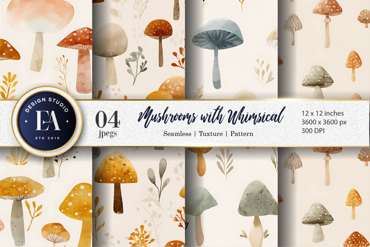 Hand-Painted Mushrooms in Watercolor Seamless Digital Paper