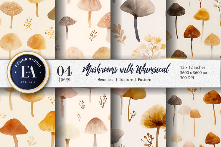 Watercolor Mushrooms with Soft Fantasy Details Digital Paper