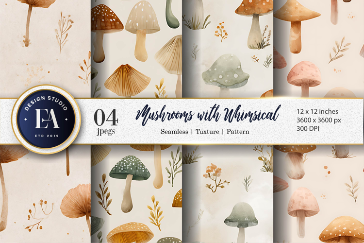Watercolor Mushrooms with Whimsical Artwork Digital Paper