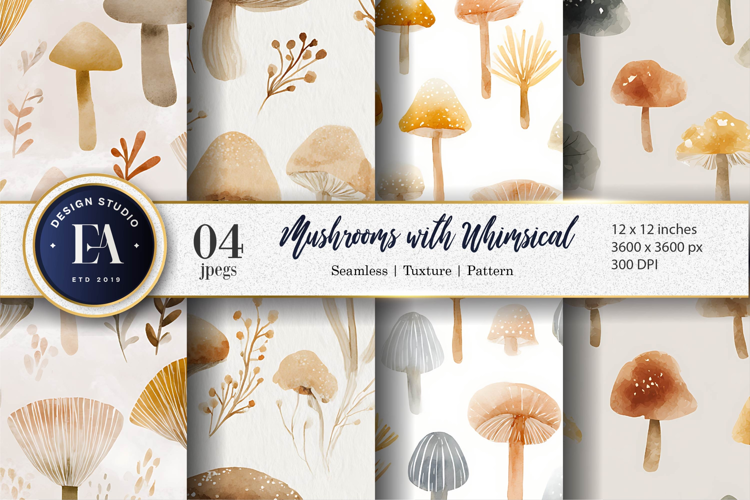 Hand-Painted Mushrooms in Watercolor Seamless Digital Paper