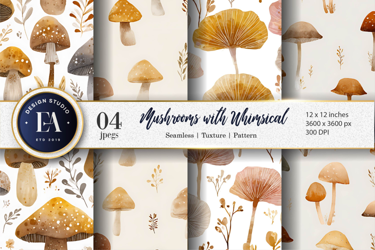 Dreamy Mushrooms Painted Watercolor Seamless Digital Paper