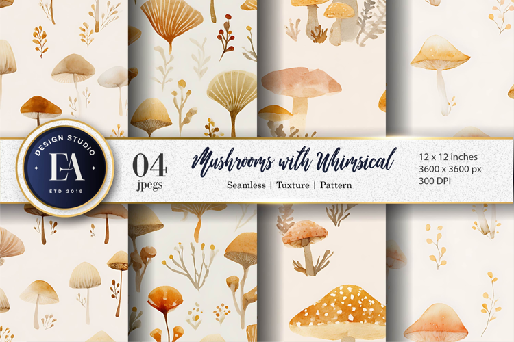 Watercolor Mushrooms with Soft Fantasy Details Digital Paper