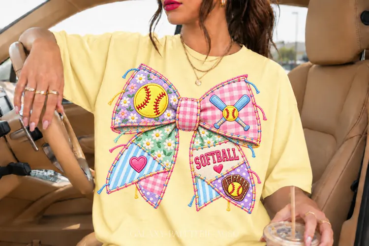 Floral Softball Bow PNG with Glove and Bats