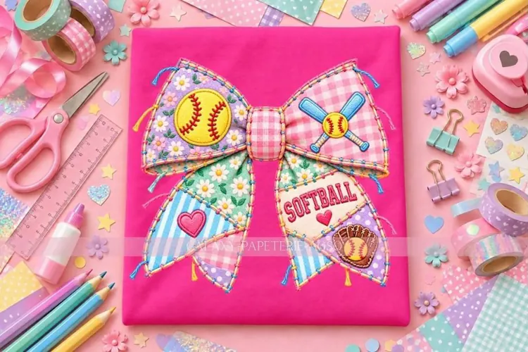 Floral Softball Bow PNG with Glove and Bats