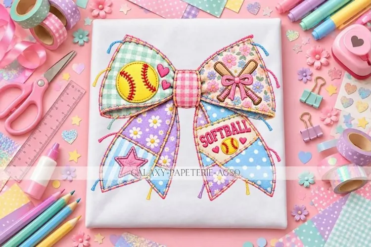 Mint Gingham Softball Bow PNG with Floral Patches