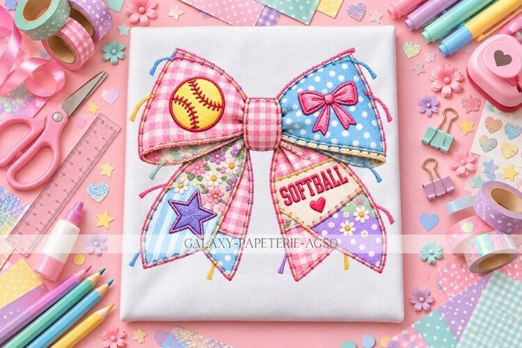 Pink Gingham Softball Bow PNG with Polka Dots example image 1