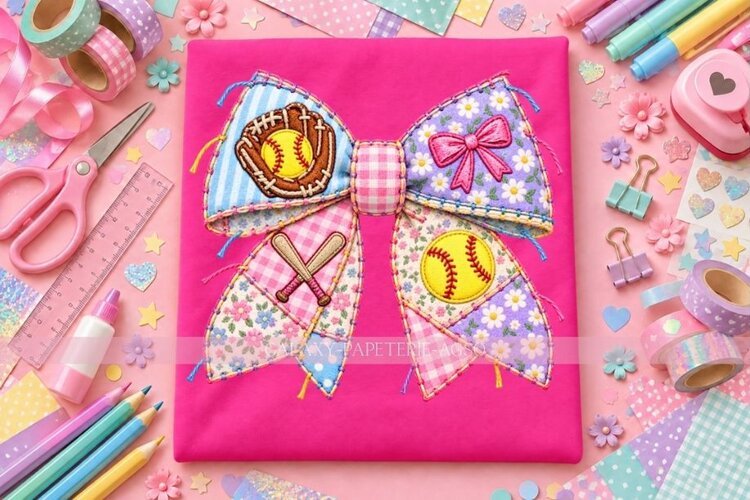 Floral Softball Bow PNG with Glove and Bats example image 1