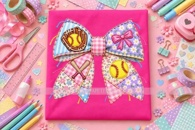 Floral Softball Bow PNG with Glove and Bats
