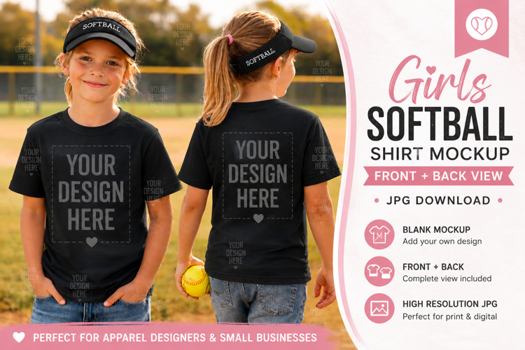 Girl Black Softball Shirt Mockup Baseball Hat Toddler Kids