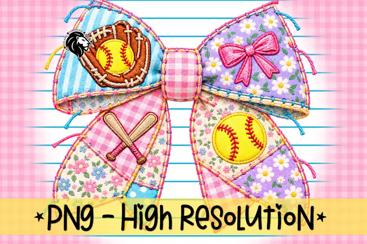 Floral Softball Bow PNG with Glove and Bats