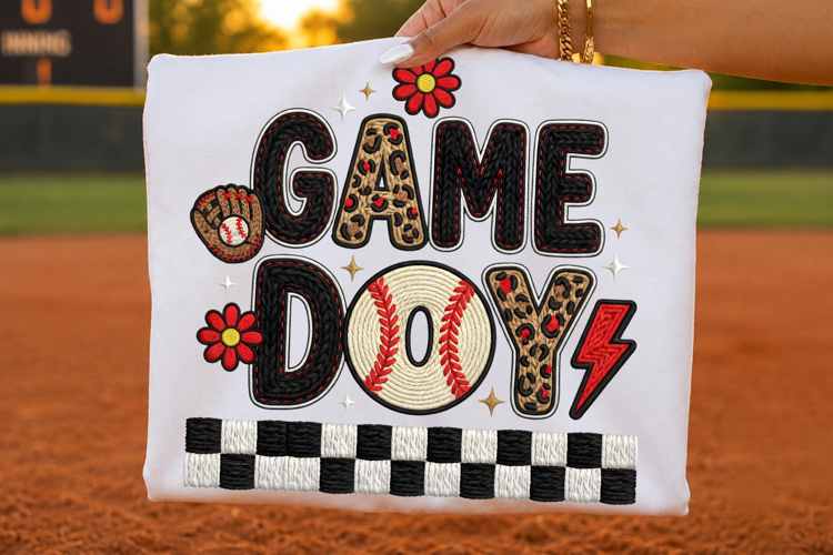 Softball Game Day Checkered Faux Yarn Embroidery T-Shirt PNG