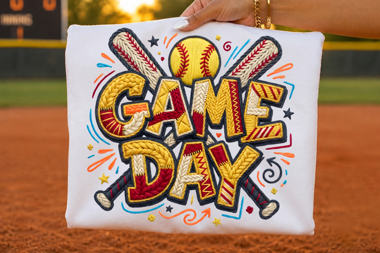 softball game day, faux yarn embroidery, softball png, game day shirt, softball sublimation, sports t shirt png, softball mom, softball team design, embroidered look png, softball shirt design