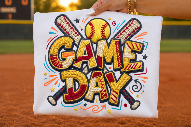 Softball Game Day Faux Yarn Embroidery T-Shirt Design PNG