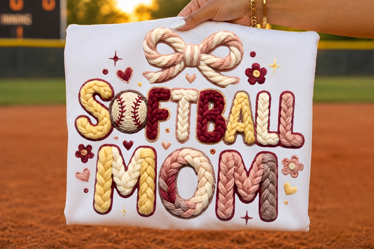 Softball Mom Faux Yarn Embroidery T-Shirt Design PNG