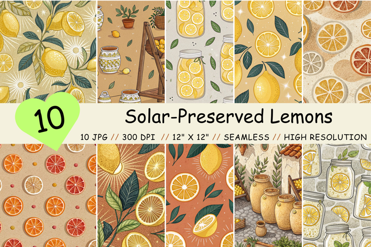 Solar-Preserved Lemons Digital Paper, Seamless Pattern