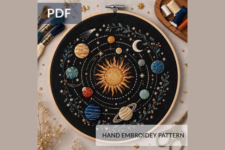 Solar System Embroidery Pattern PDF, Celestial Space Hoop example image 1