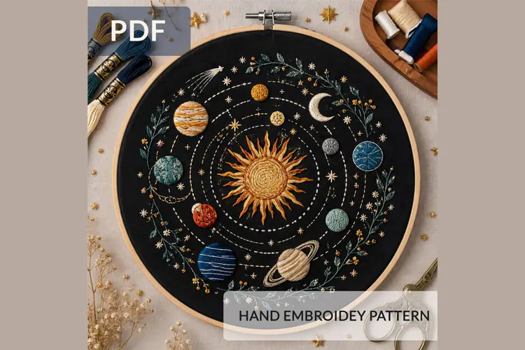 Solar System Embroidery Pattern PDF, Celestial Space Hoop