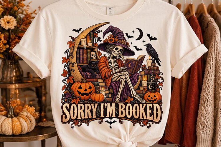 Sorry I'm Booked Halloween PNG, Skeleton Witch Reading Books