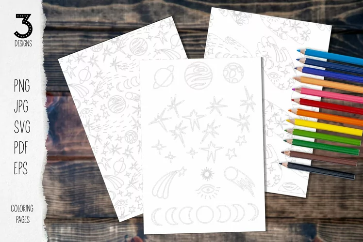 Space Coloring pages 3 designs comet, shooting star, planets