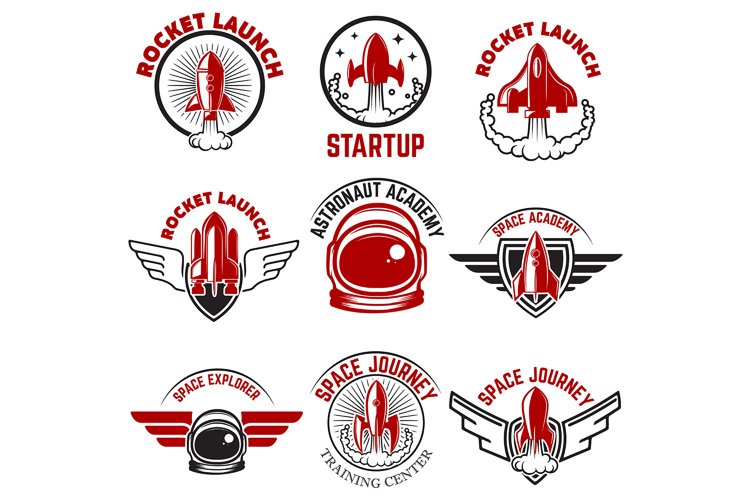 Set of Space labels. Rocket launch, astronaut academy.