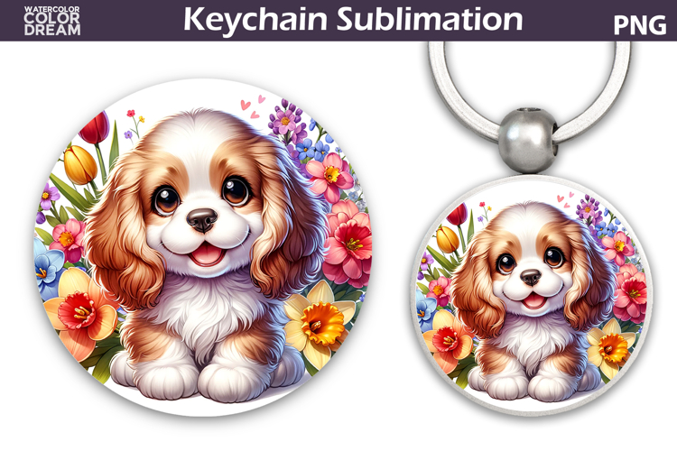 Spaniel Round Keychain | Dog Floral Key Keychain