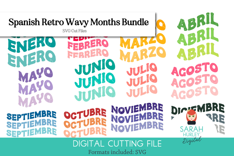 Spanish Retro Wavy Months Words Stickers SVG Bundle
