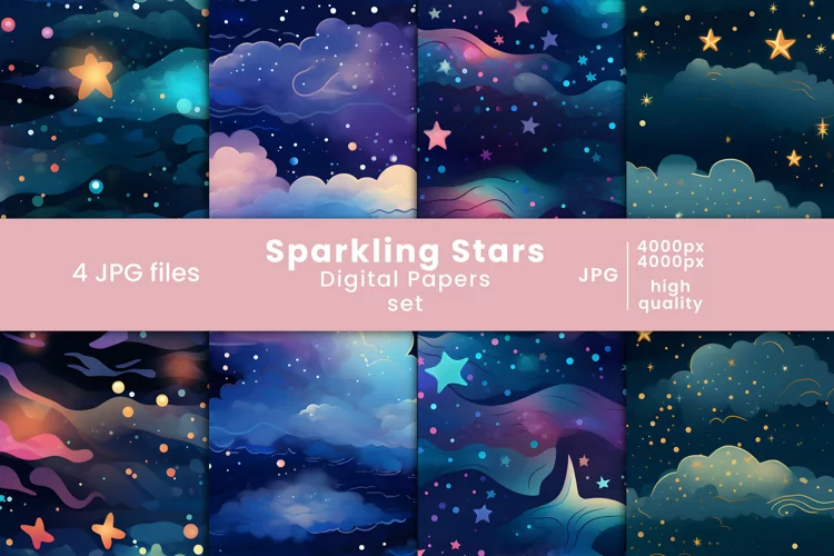 sparkling stars digital papers and colorful sky patterns