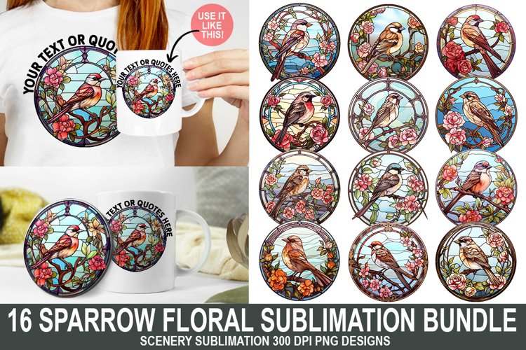 Sparrow Floral Sublimation Bundle| Stained Glass Mug Design