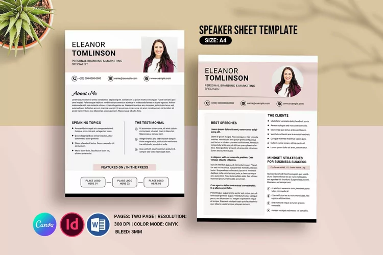 Speaker One Sheet Template. Photoshop, Word & Canva