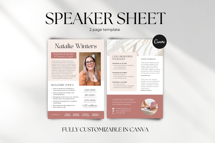 Speaker Sheet Template Canva, Editable Media Kit