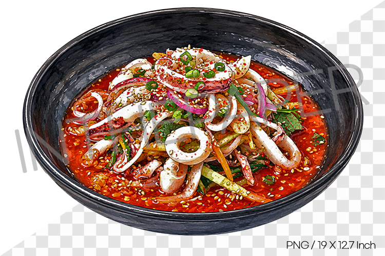 Spicy Cold Squid Soup PNG Watercolor Clipart korean food