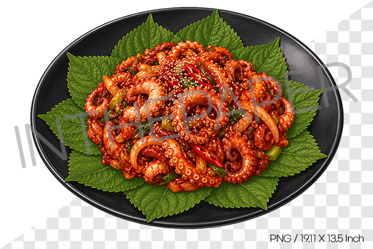 Spicy Stir-fried Octopus PNG Watercolor Clipart korean food