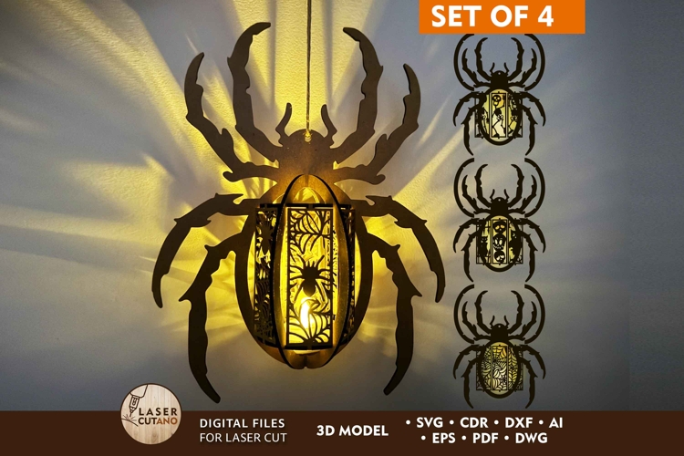 Spider Lantern Set of 4 Halloween Lamp with Creepy Designs