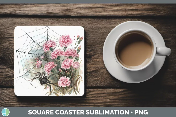 Spiderweb Flowers Carnation Square Coaster Sublimation Coast