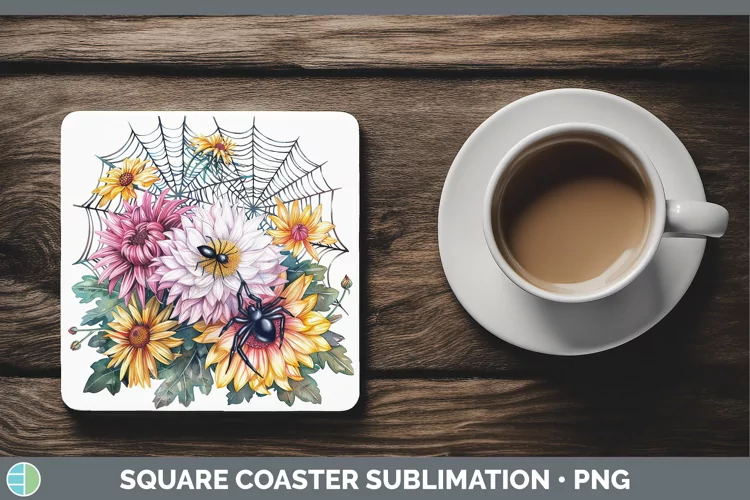 Spiderweb Flowers Chrysanthemum Square Coaster Sublimation C